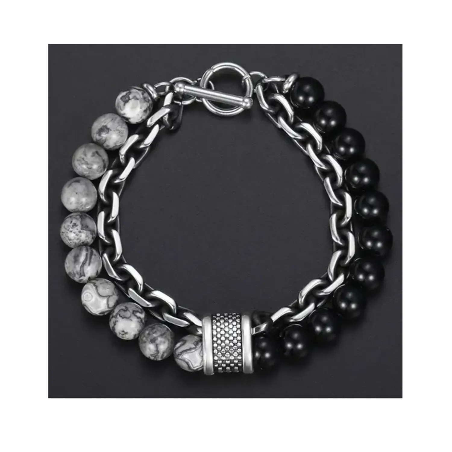 Pulsera Piedra Onix Acero Quir rgico Doble Hombre Juvenil-2