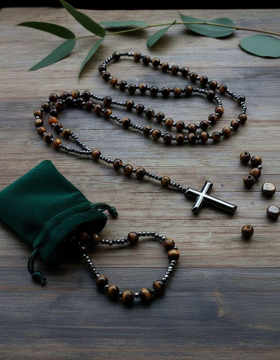 Collar De Cruz Caballero Piedra Ojo De Tigre Hematita-2