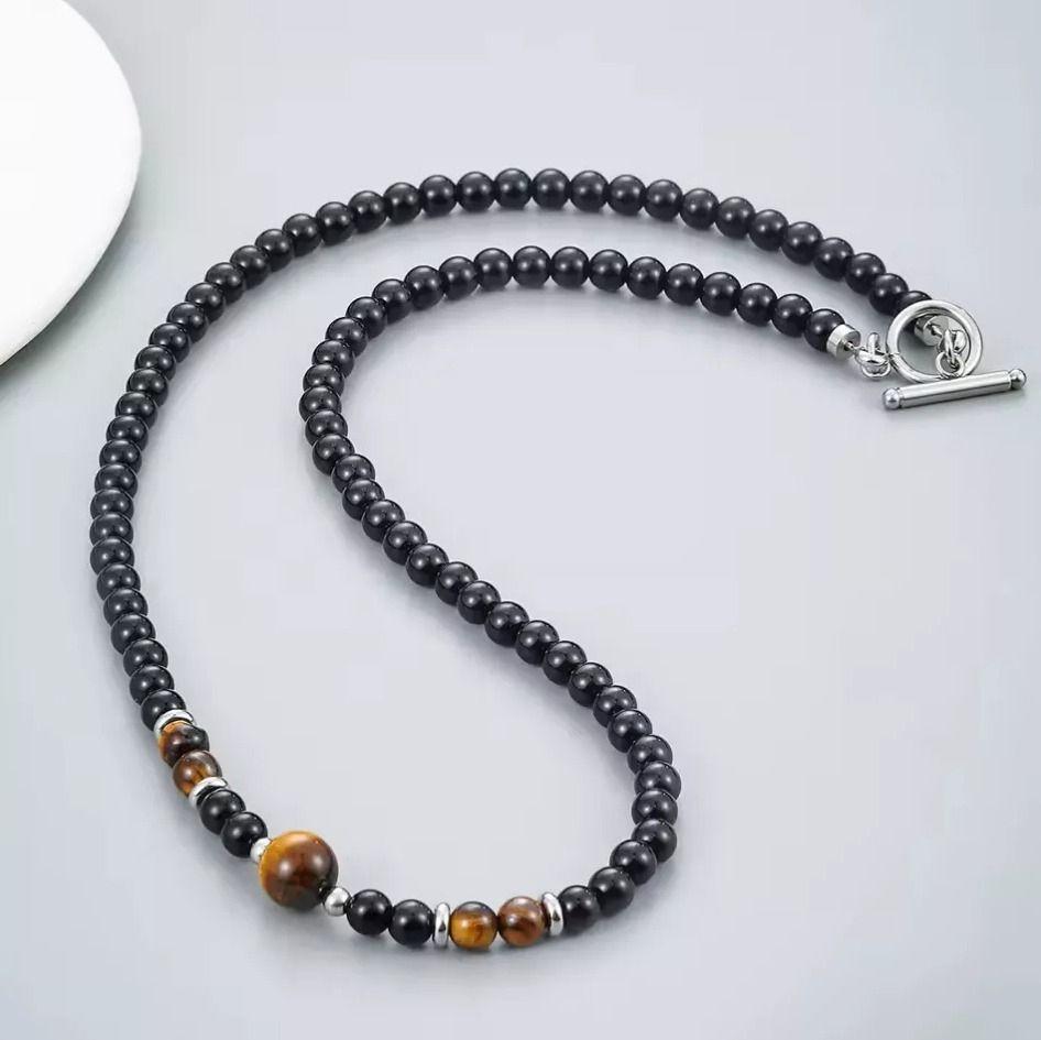 Collar Piedra Onix Y Ojo De Tigre Browm Hombre Moda M1-4