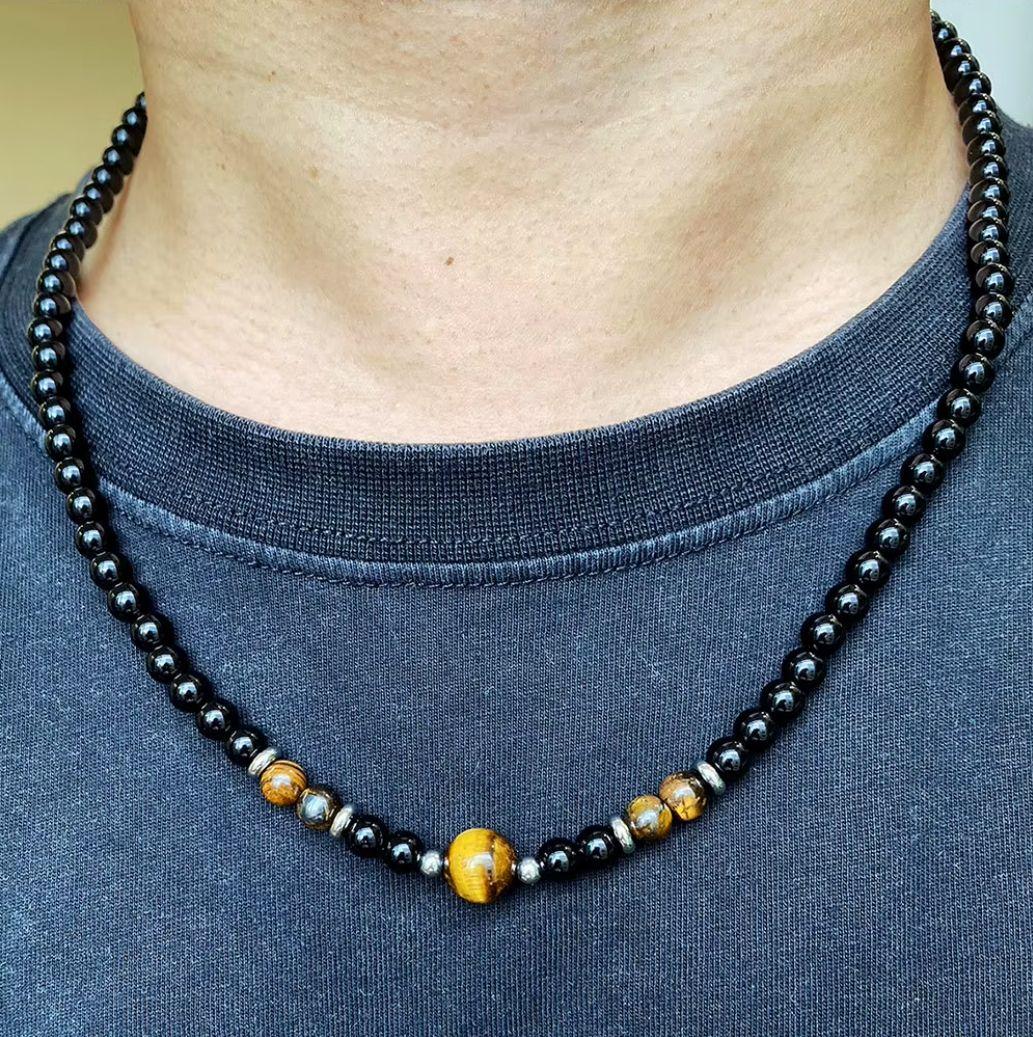 Collar Piedra Onix Y Ojo De Tigre Browm Hombre Moda M1-7