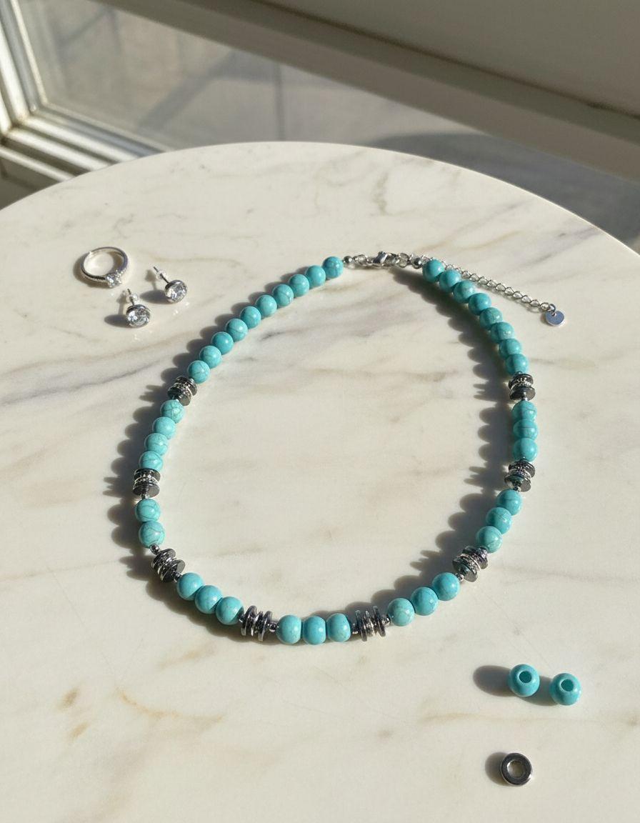 Collar Piedra Turquesa Y Hematita Hombre Masculino-0