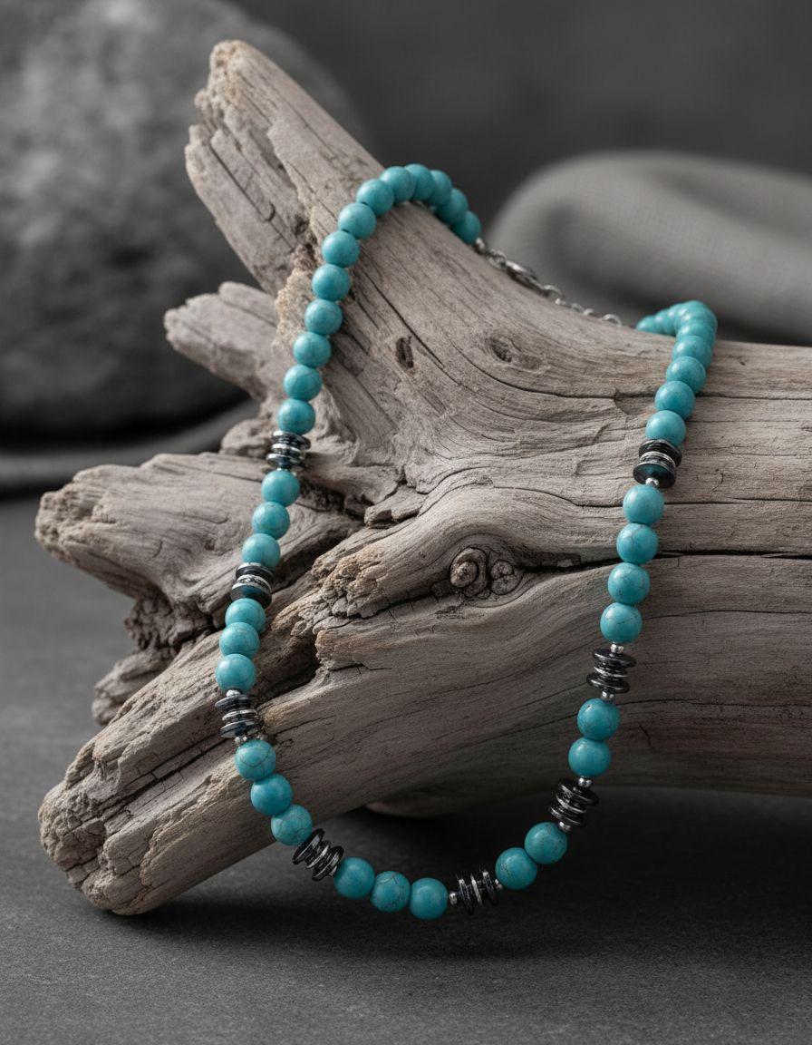 Collar Piedra Turquesa Y Hematita Hombre Masculino-2