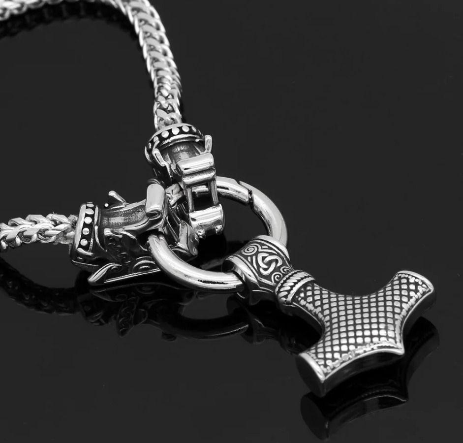 Collar Vikingo Martillo Nordico Mjolnir Acero Moda Masculina-4