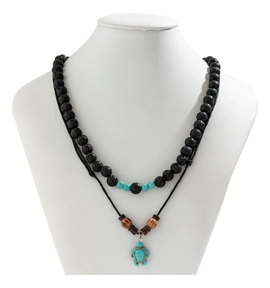 Collar Doble Tortuga Piedra Blue Volcanica  Hombre Mujer-2