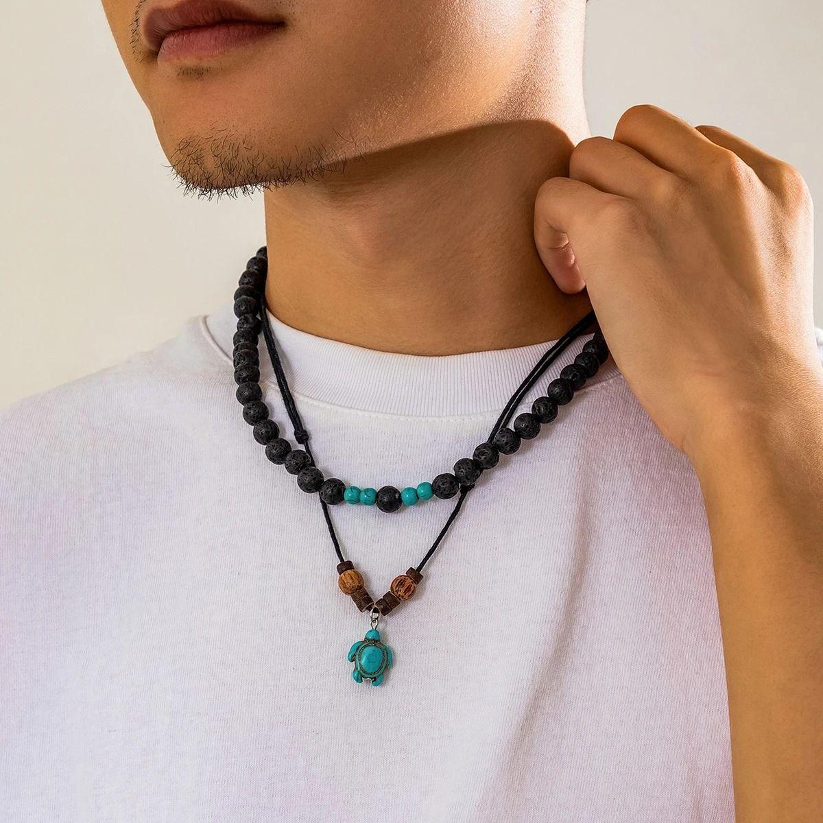 Collar Doble Tortuga Piedra Blue Volcanica  Hombre Mujer-3