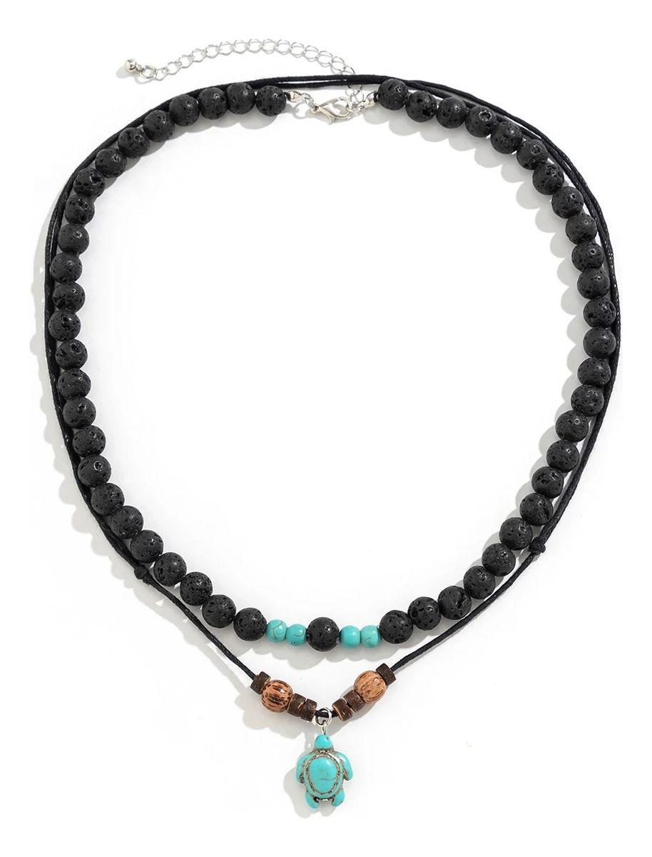 Collar Doble Tortuga Piedra Blue Volcanica  Hombre Mujer-4