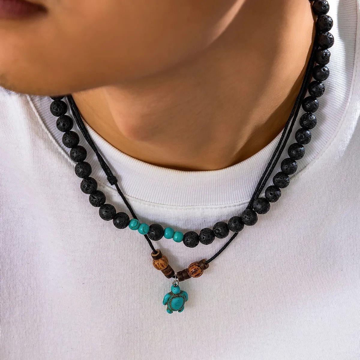 Collar Doble Tortuga Piedra Blue Volcanica  Hombre Mujer-6