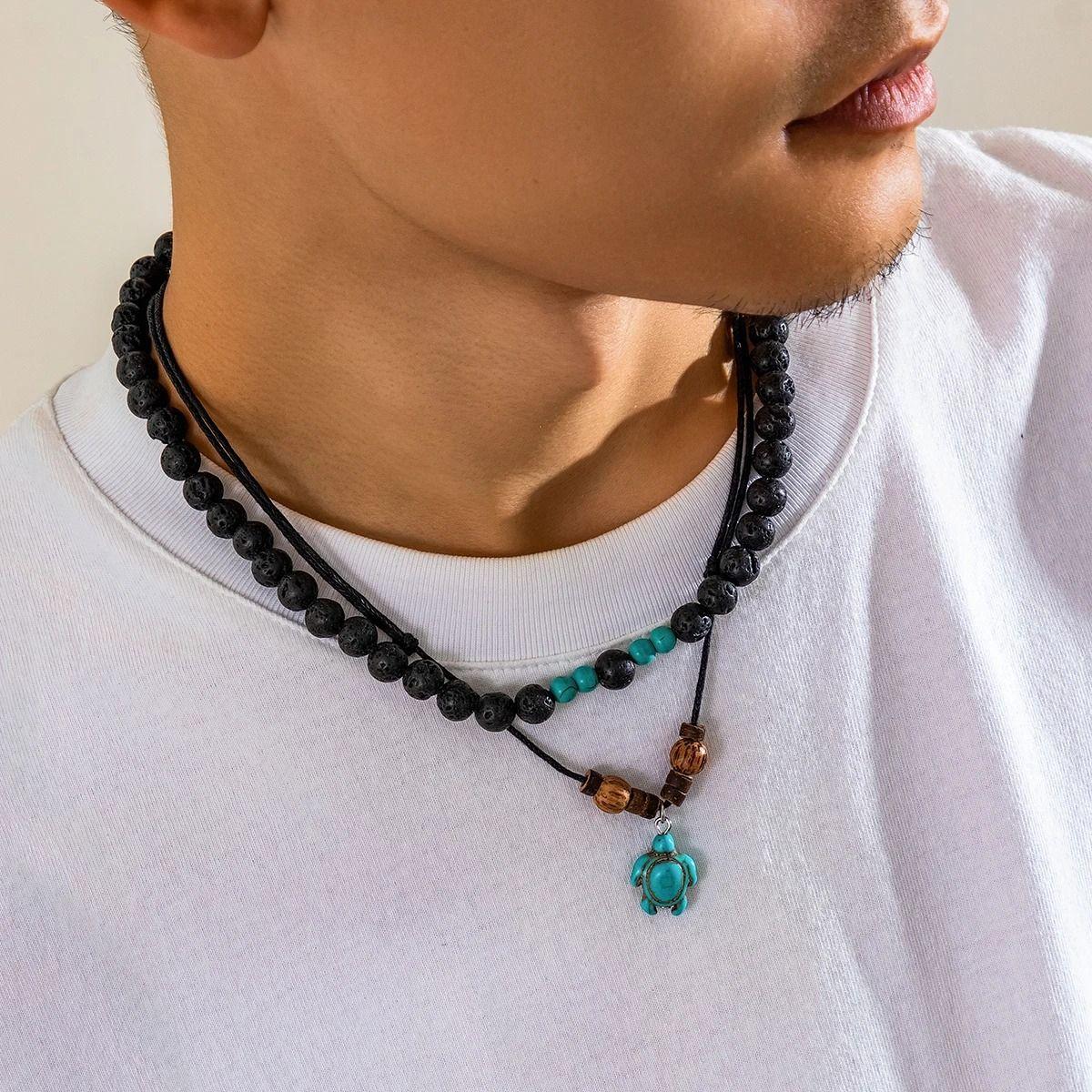 Collar Doble Tortuga Piedra Blue Volcanica  Hombre Mujer-7