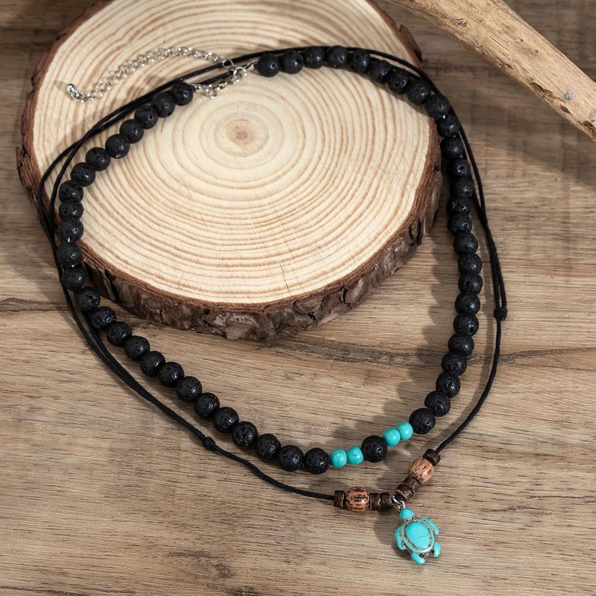 Collar Doble Tortuga Piedra Blue Volcanica  Hombre Mujer-8