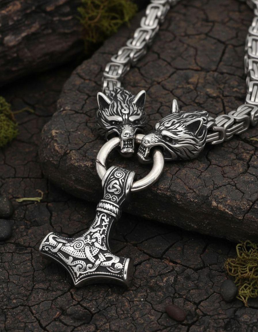 Collar Vikingo Lobo Y Martillo Nordico Acero Hombre-5