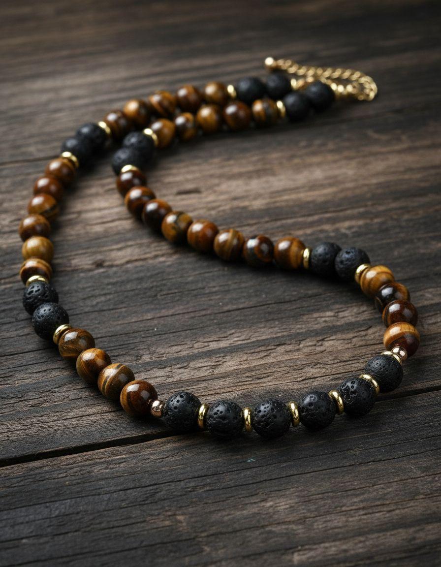 Collar Piedra Ojo De Tigre Y Volcánica Hombre Masculino M2-3