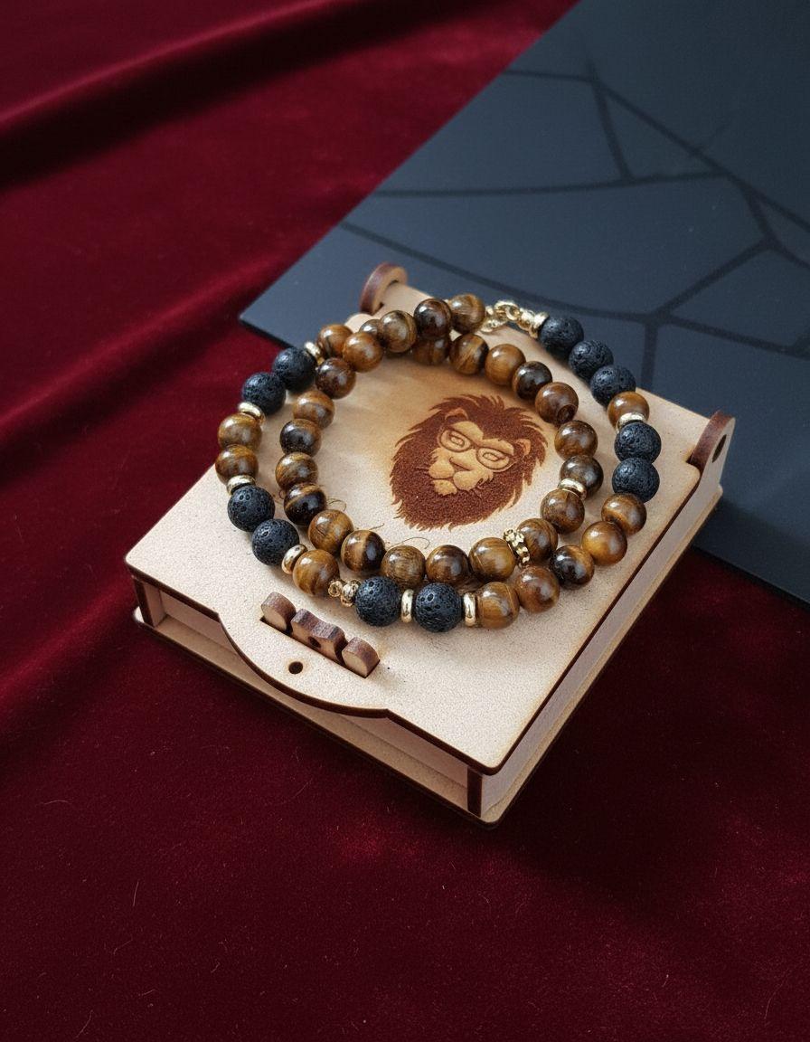 Collar Piedra Ojo De Tigre Y Volcánica Hombre Masculino M2-4