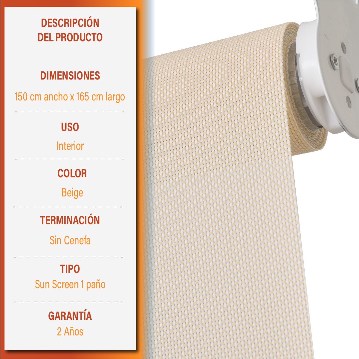 Cortina Roller Sunscreen 150 X 165 Cm Color Beige Marca Sunfree-8