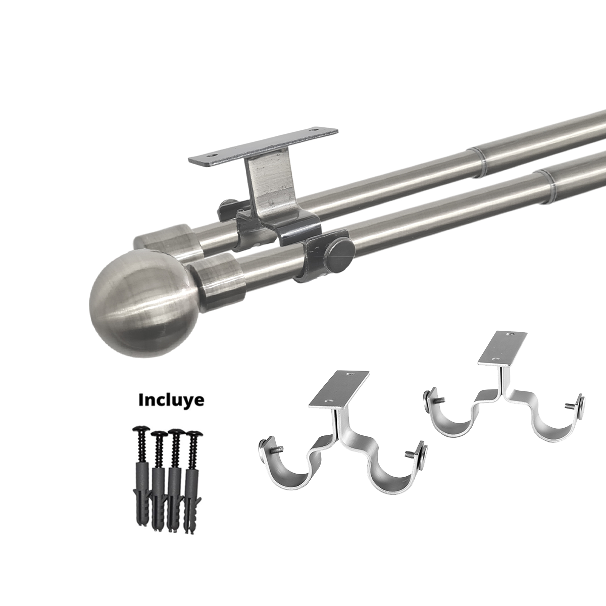 Set Barras para Cortina Doble 16/19 Mm Extensible 75-110 Cm A Techo Satín Bola-3