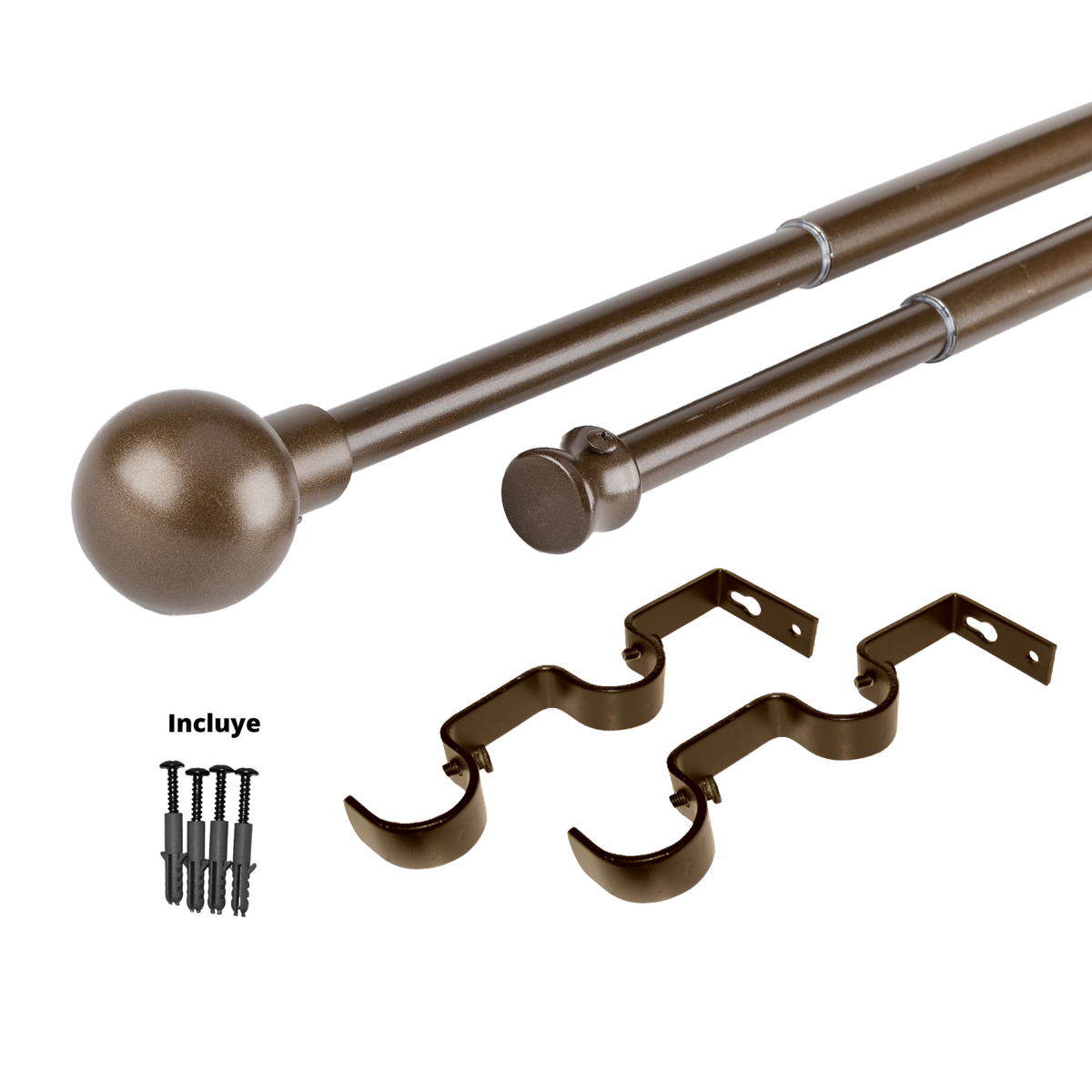 Set Barras para Cortina Doble 16/19 Mm Extensible 120-210 Cm A Muro Café Bola-5