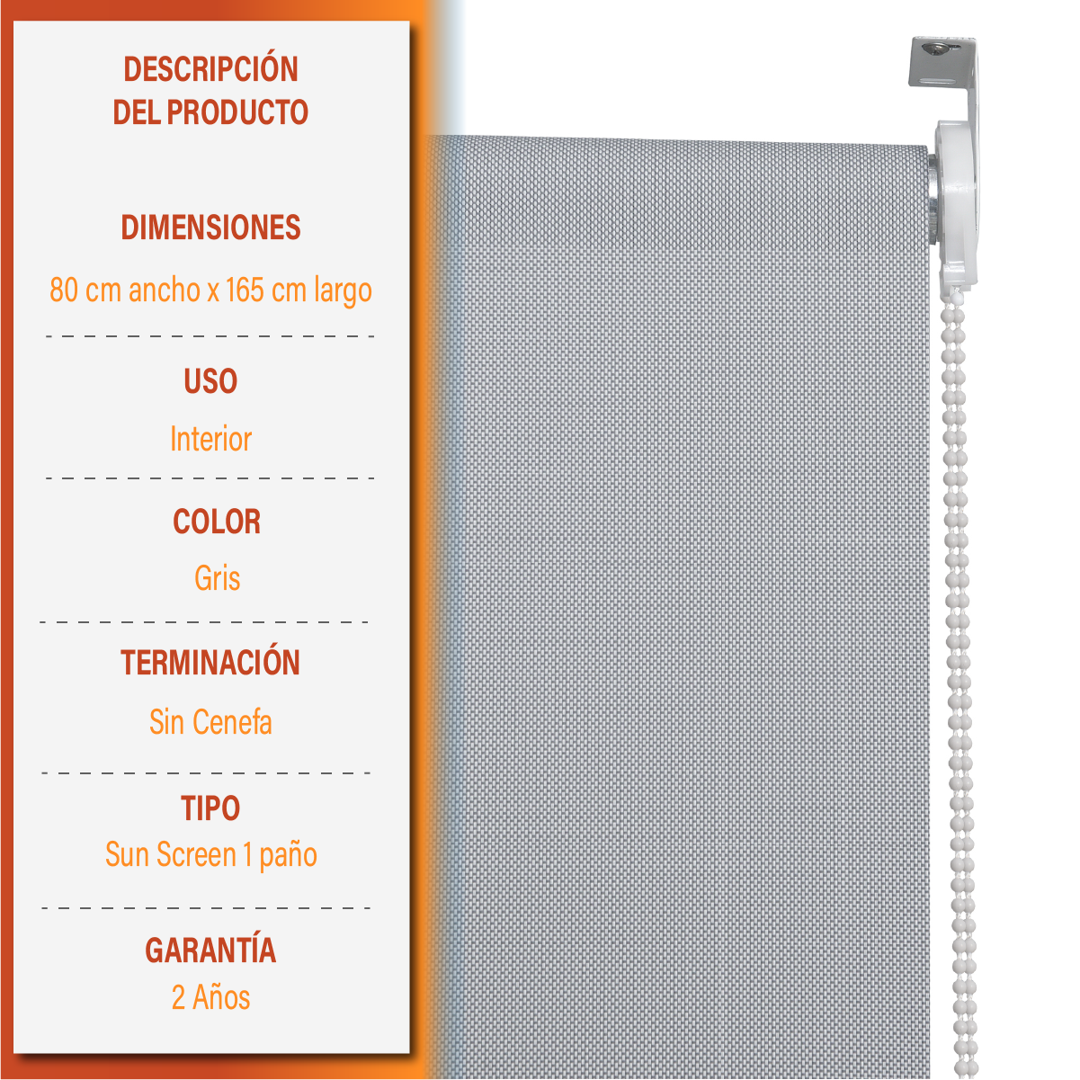Cortina Roller Sunscreen 080 X 165 Cm Color Gris Marca Sunfree-7