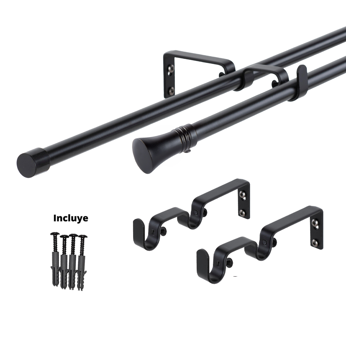 Set Barras para Cortina Doble 16/19 Mm Extensible 120-210 Cm A Muro Negro Cónico-3