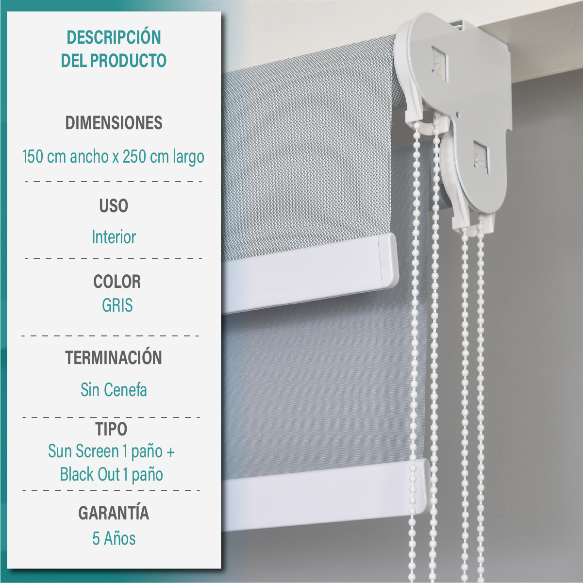 Cortina Roller Doble Blackout y Sunscreen 150X250 Cm Color Gris Marca Aura-5