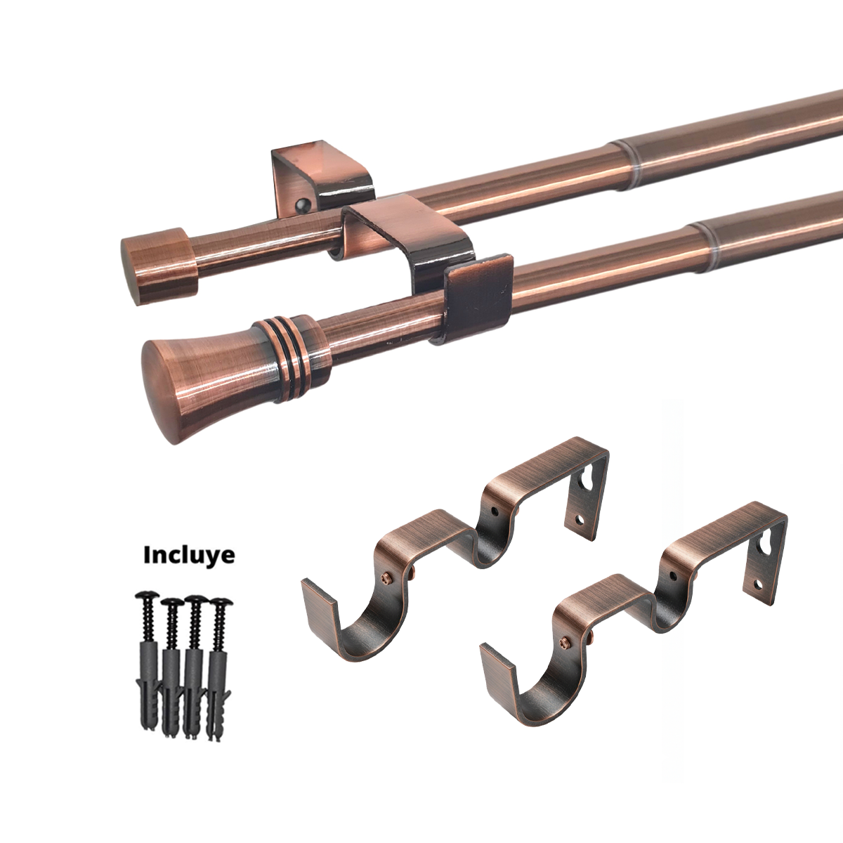 Set Barras para Cortina Doble 16/19 Mm Extensible 170-320 Cm A Muro Cobre Cónico-1