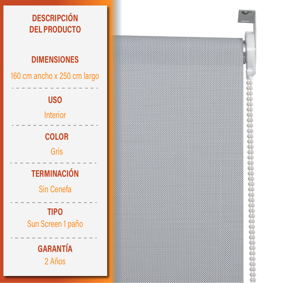 Cortina Roller Sunscreen 160 X 250 Cm Color Gris Sunfree-7