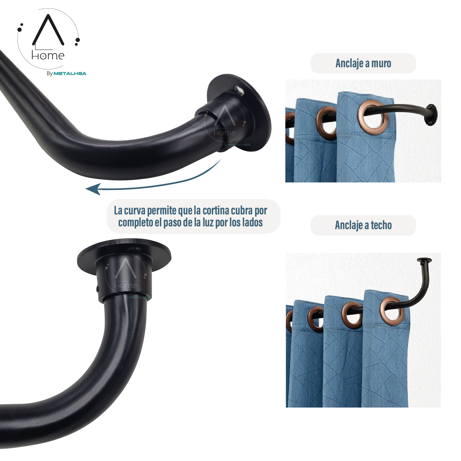 Set Barra para Cortina Simple 22/25 Mm Extensible Curvo 210 a 300 Cm Color Negro-2