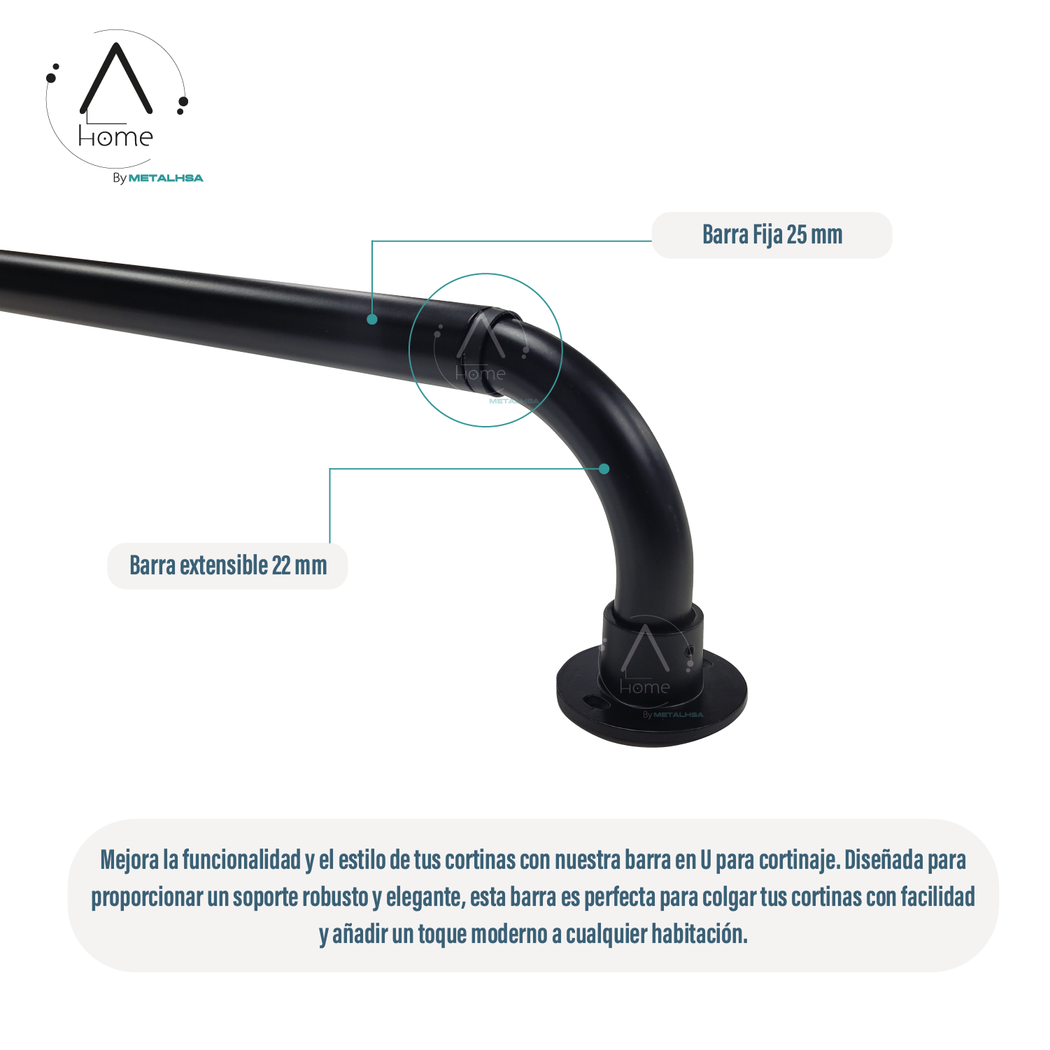 Set Barra para Cortina Simple 22/25 Mm Extensible Curvo 210 a 300 Cm Color Negro-3