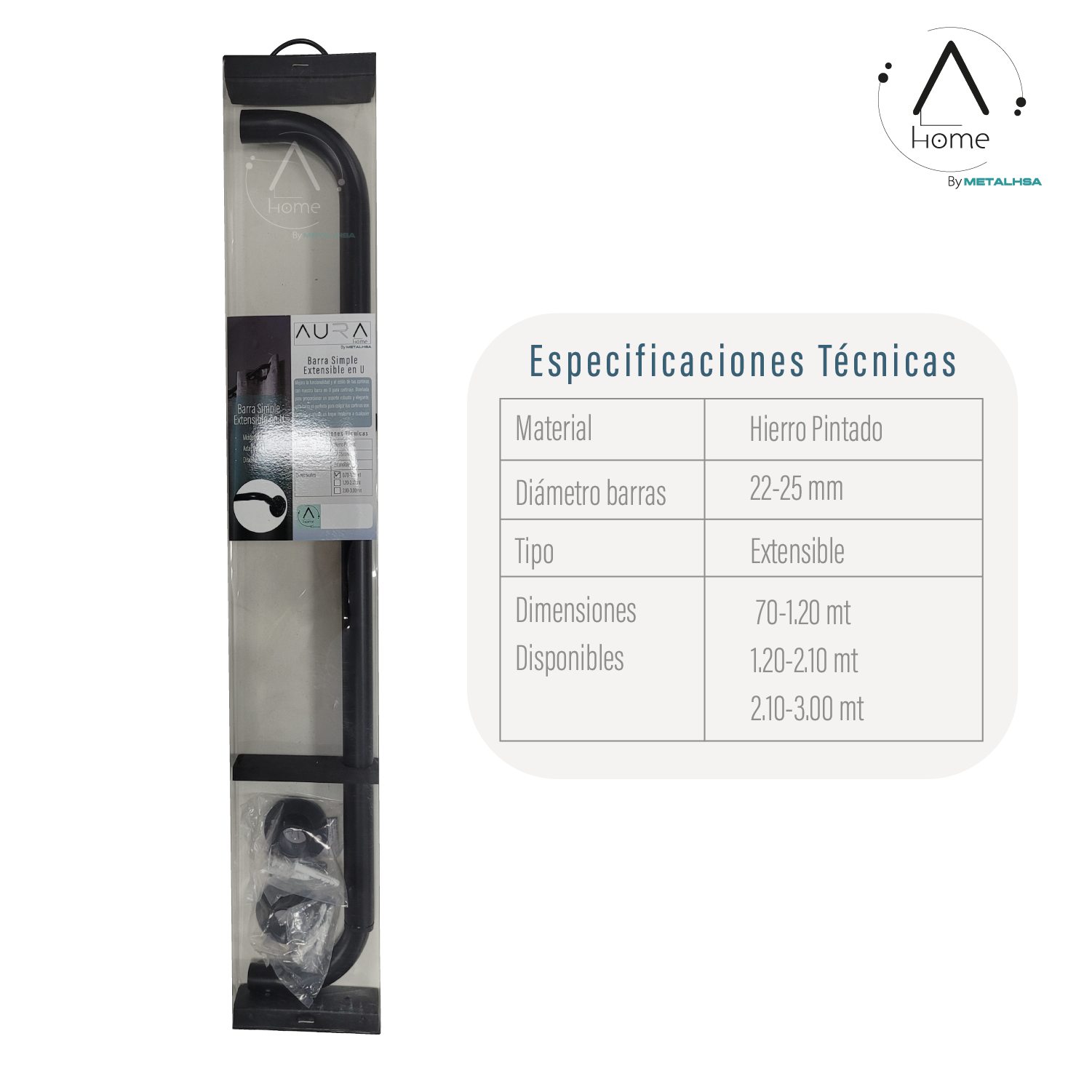 Set Barra para Cortina Simple 22/25 Mm Extensible Curvo 210 a 300 Cm Color Negro-7