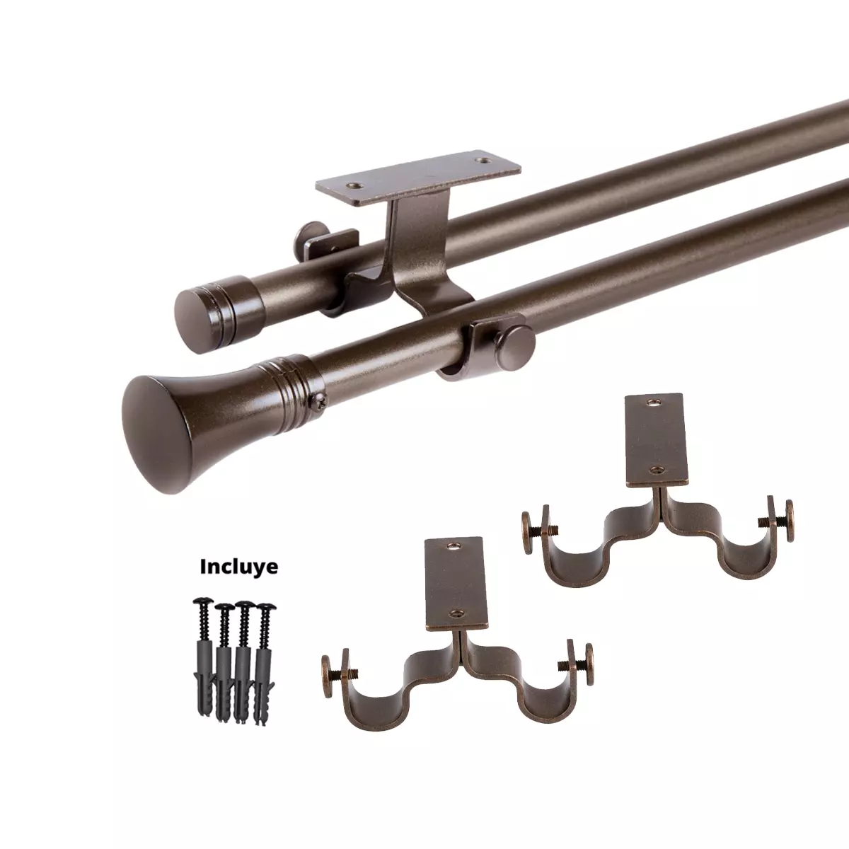 Set Barras para Cortina Doble 16/19 Mm Extensible 75-110 Cm A Techo Café Cónico-3