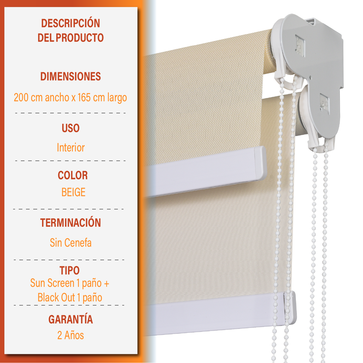 Cortina Roller Doble Blackout y Sunscreen 200 X 165 Cm Color Beige Marca Sunfree-4