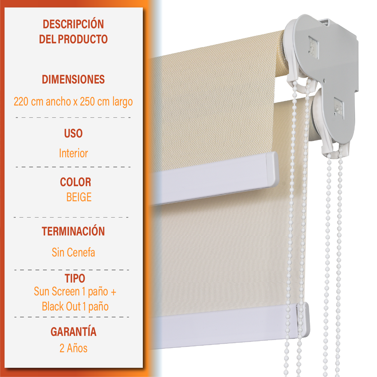 Cortina Roller Doble Blackout/Sunscreen 220X250 Cm Beige Sunfree-8