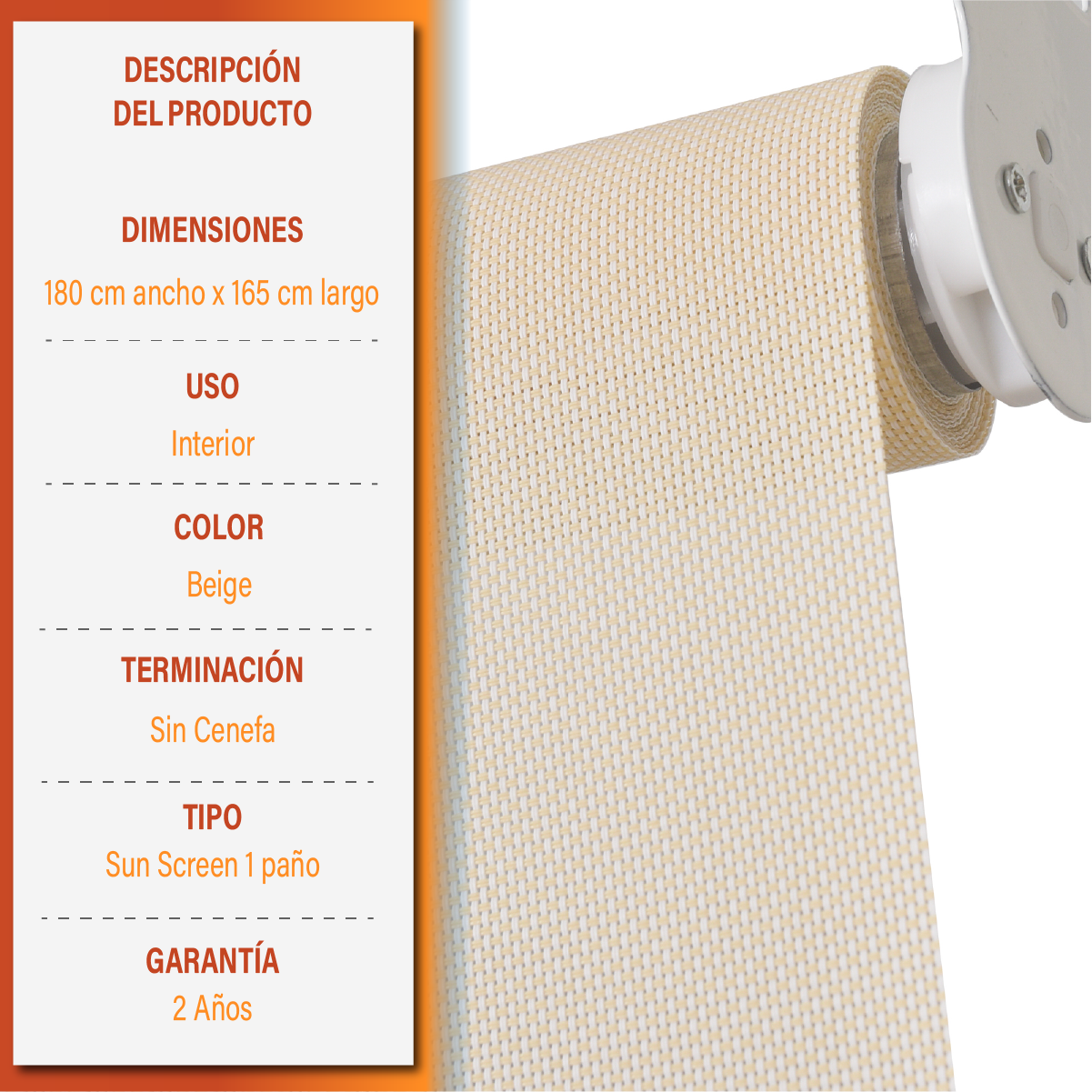 Cortina Roller Sunscreen 180 X 165 Cm Color Beige Marca Sunfree-5