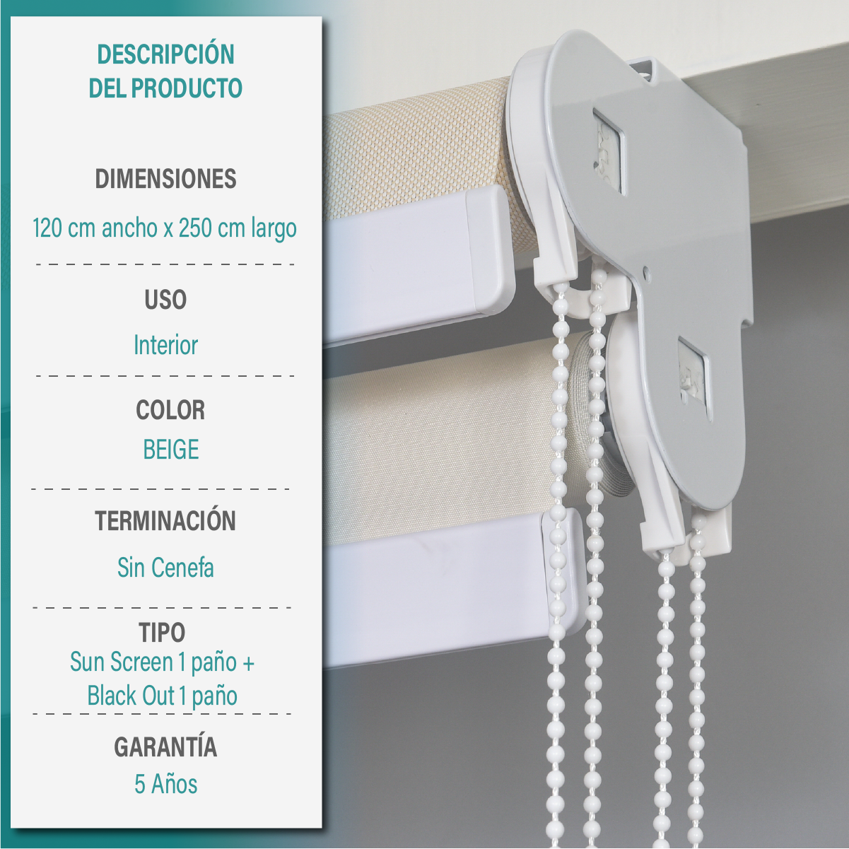 Cortina Roller Doble Blackout y Sunscreen 120X250 Cm Color Beige Marca Aura-5