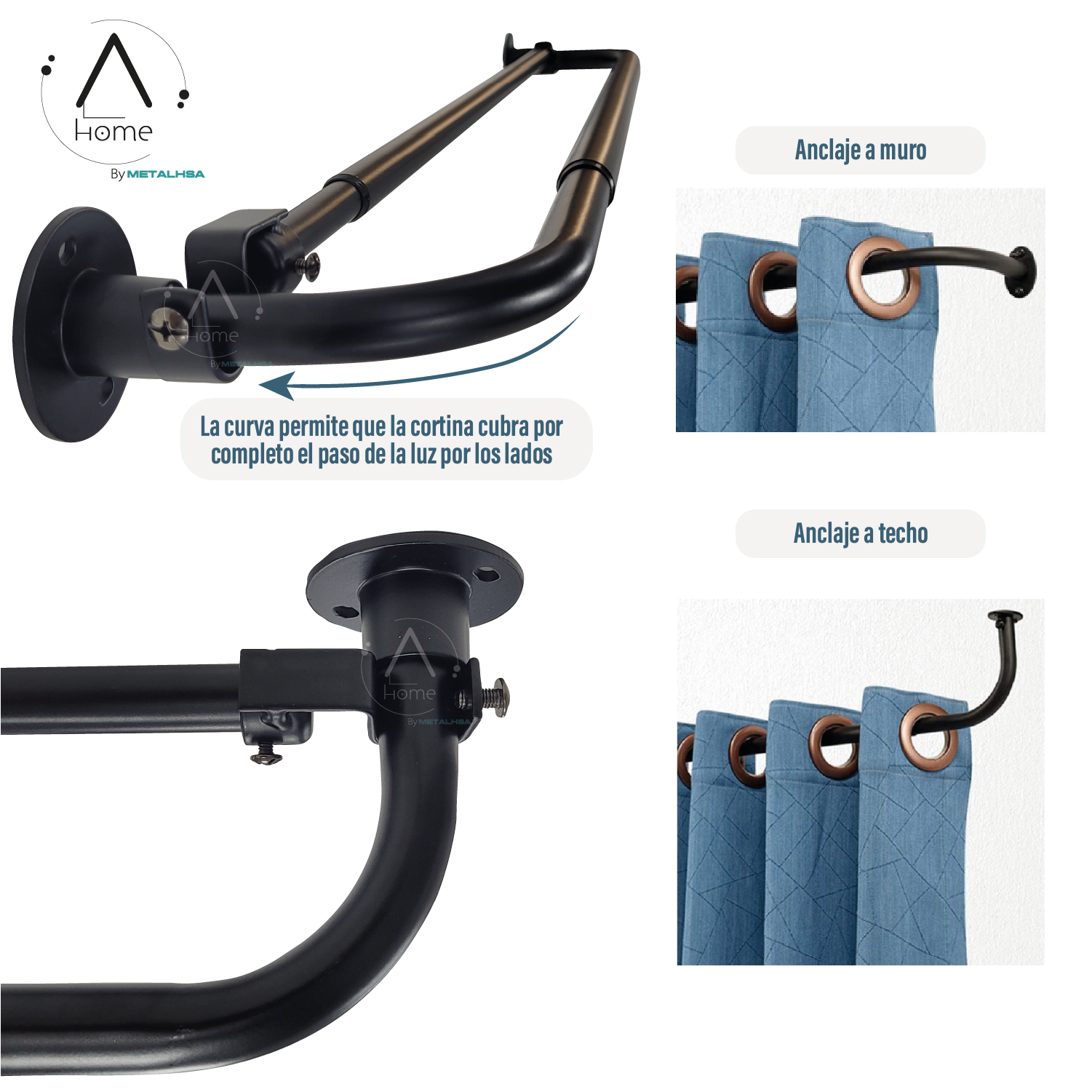 Set Barras para Cortina Doble 16/19 Mm Extensible Curvo 70 a 120 Cm Color Negro-4