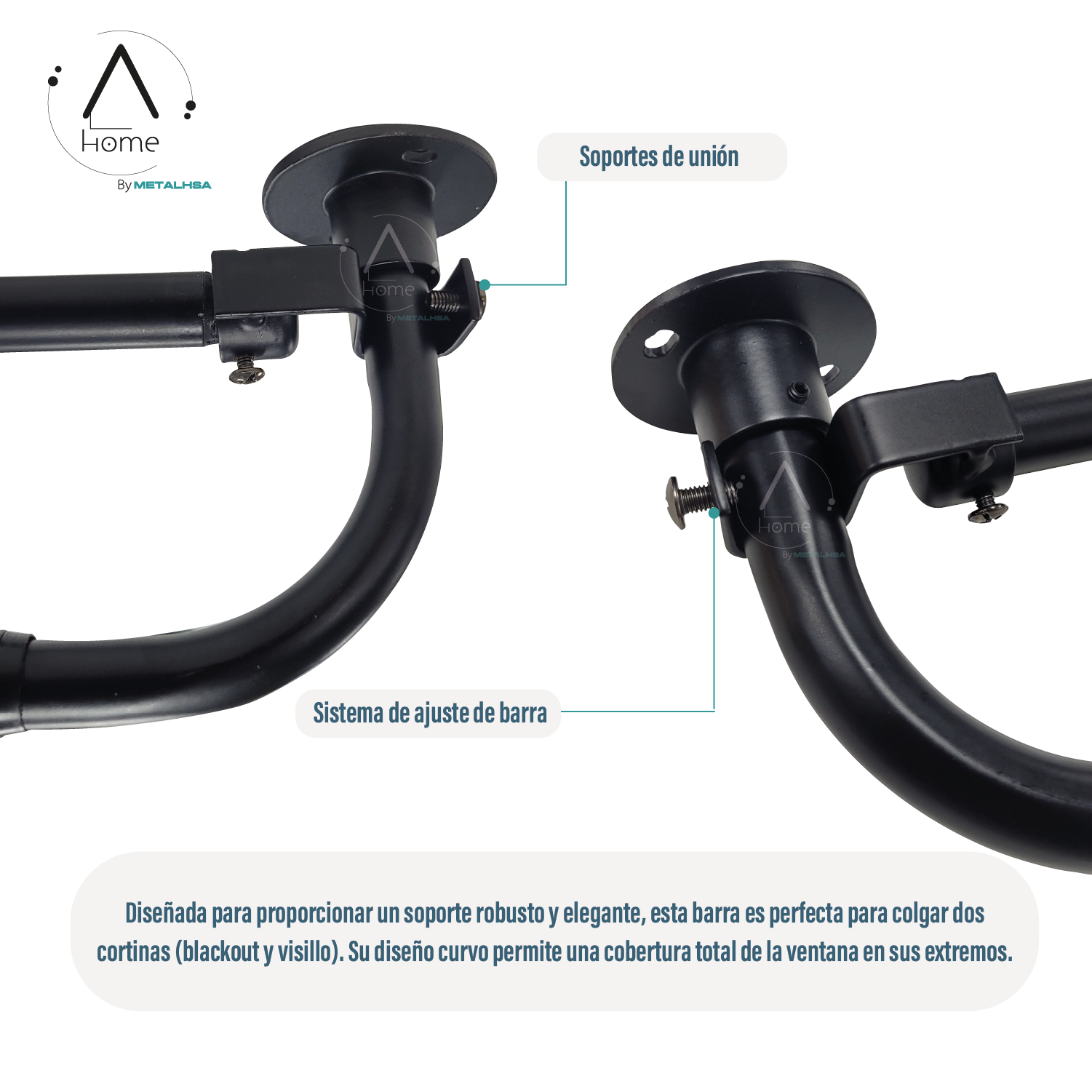 Set Barras para Cortina Doble 16/19 Mm Extensible Curvo 70 a 120 Cm Color Negro-5