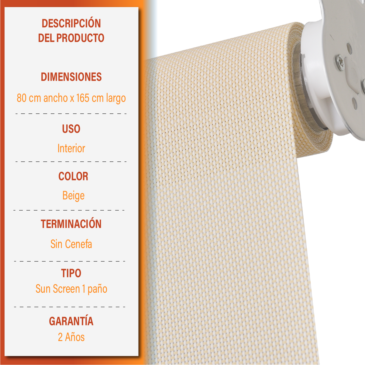 Cortina Roller Sunscreen 080 X 165 Cm Beige Sunfree-8