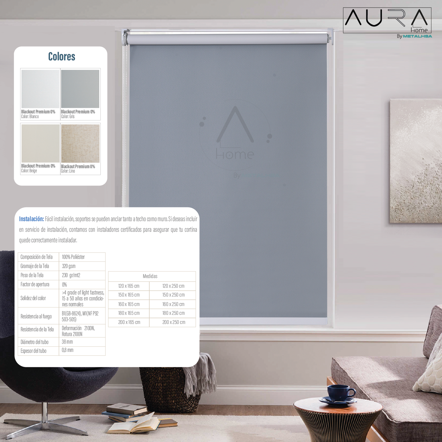 Cortina Roller 100% Blackout Gris 180X250 Cm Aura-5
