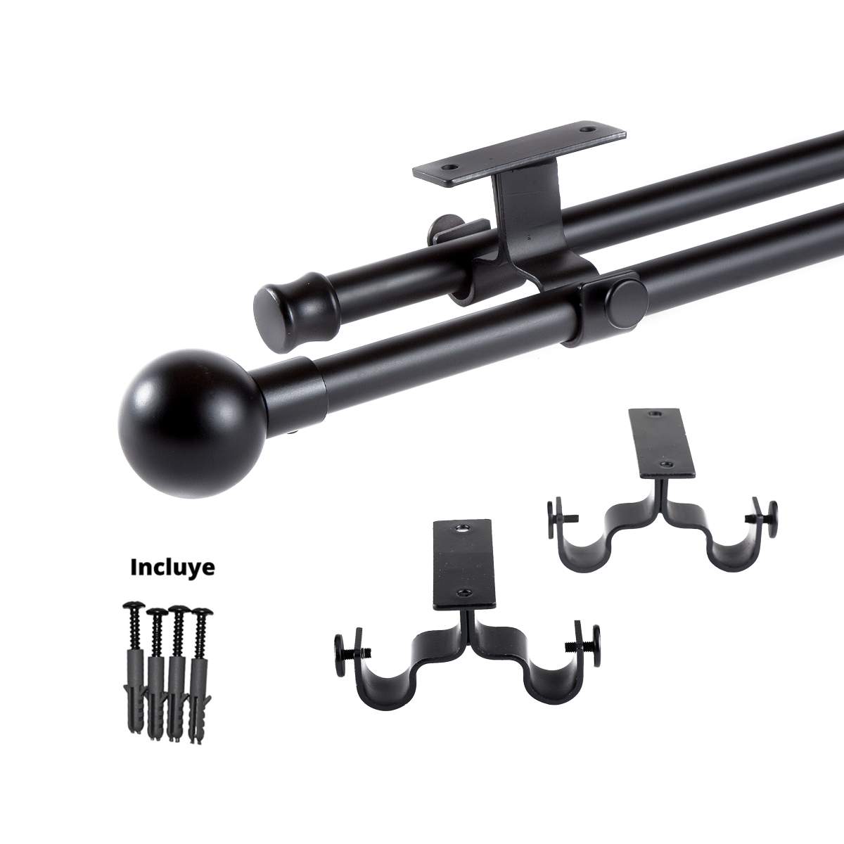 Set Barras para Cortina Doble 16/19 Mm Extensible 75-110 Cm A Techo Negro Bola-4