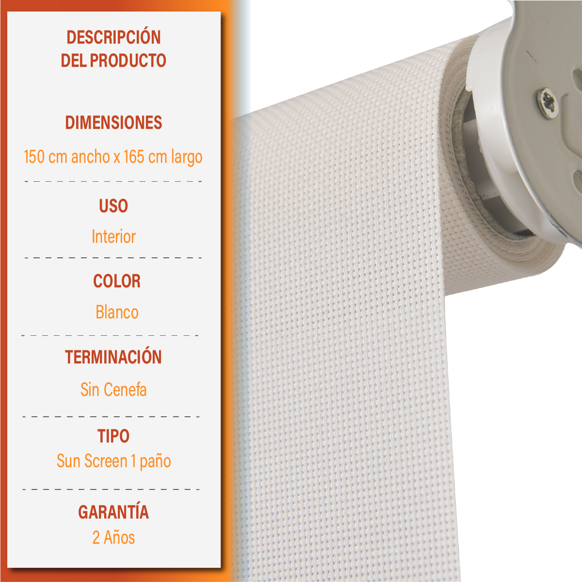 Cortina Roller Sunscreen 150 X 165 Cm Color Blanco Marca Sunfree-9
