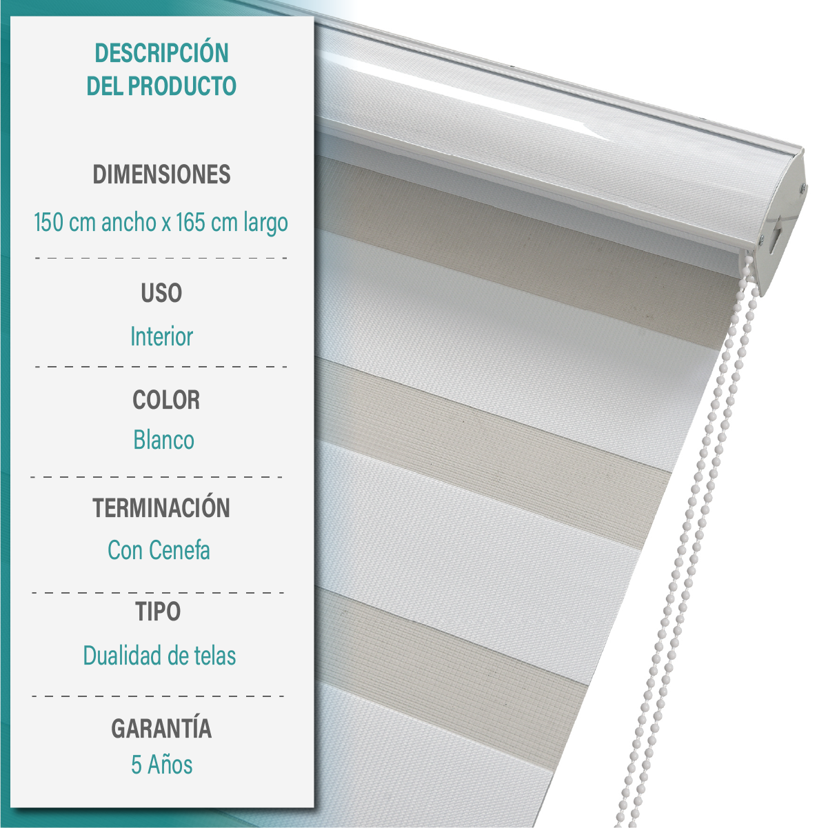 Cortina Roller Duo Zebra Día Y Noche 150 X 165 Cm Color Blanco Marca Aura-5