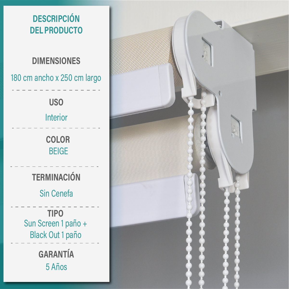 Cortina Roller Doble Blackout y Sunscreen 180X250 Cm Color Beige Marca Aura-5