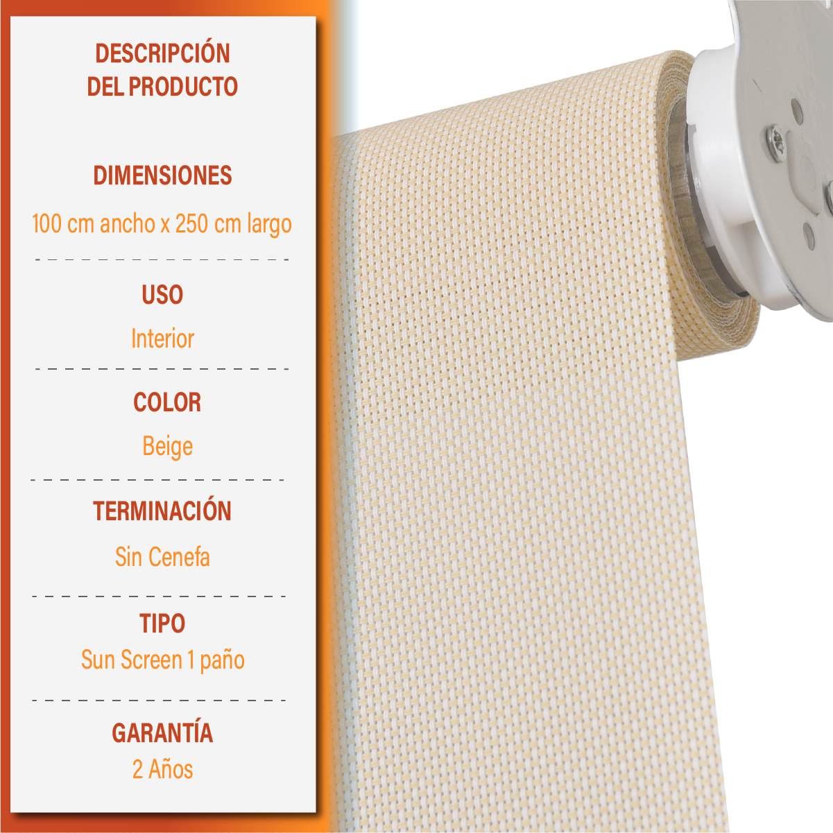 Cortina Roller Sunscreen 100 X 250 Cm Color Beige Sunfree-8