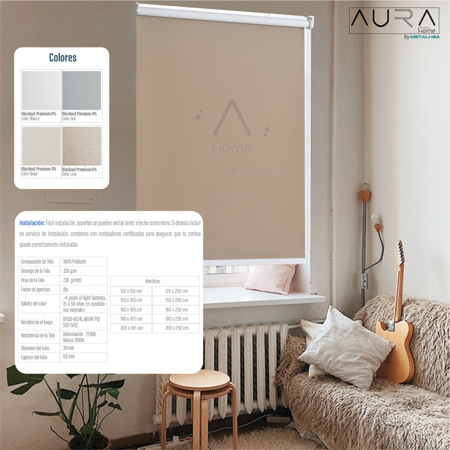 Cortina Roller 100% Blackout Capuccino 160X165 Cm Aura-5