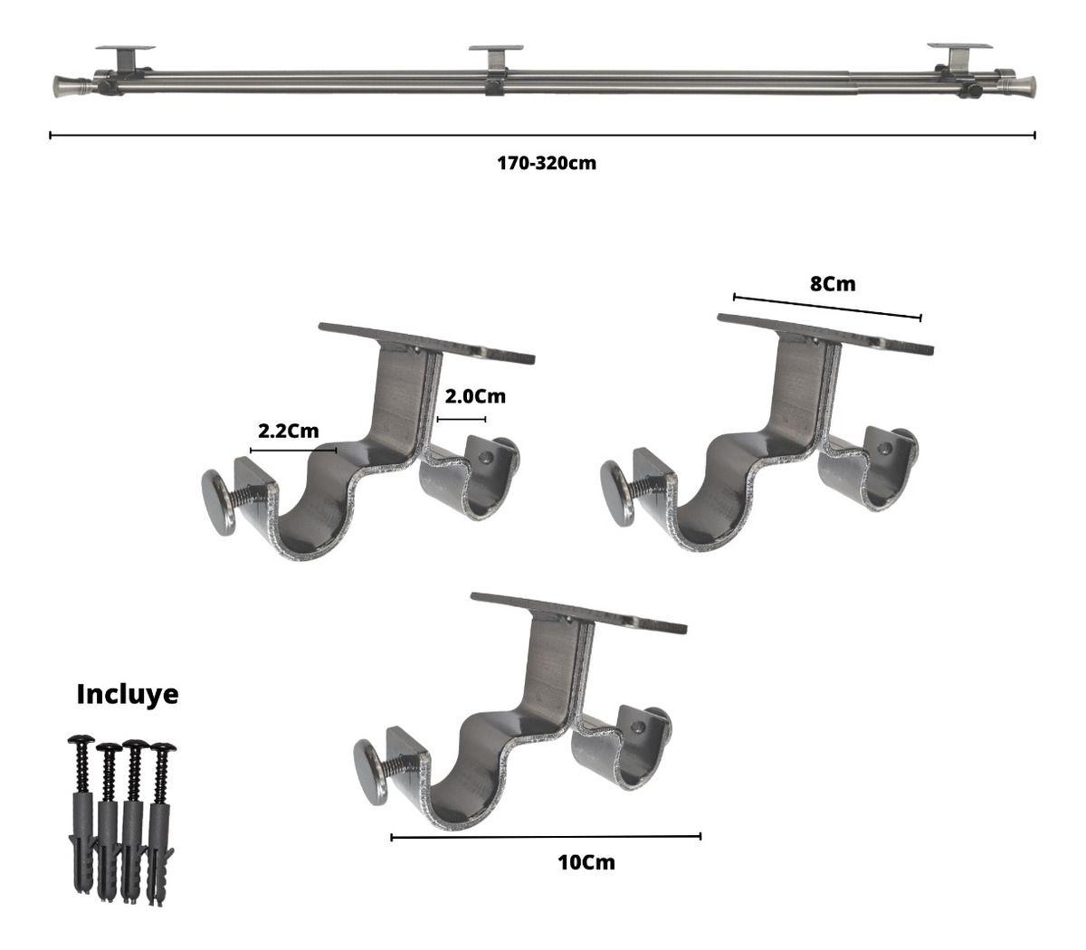 Set Barras para Cortina Doble 16/19 Mm Extensible 170-320 Cm A Techo Satín Cónico-3