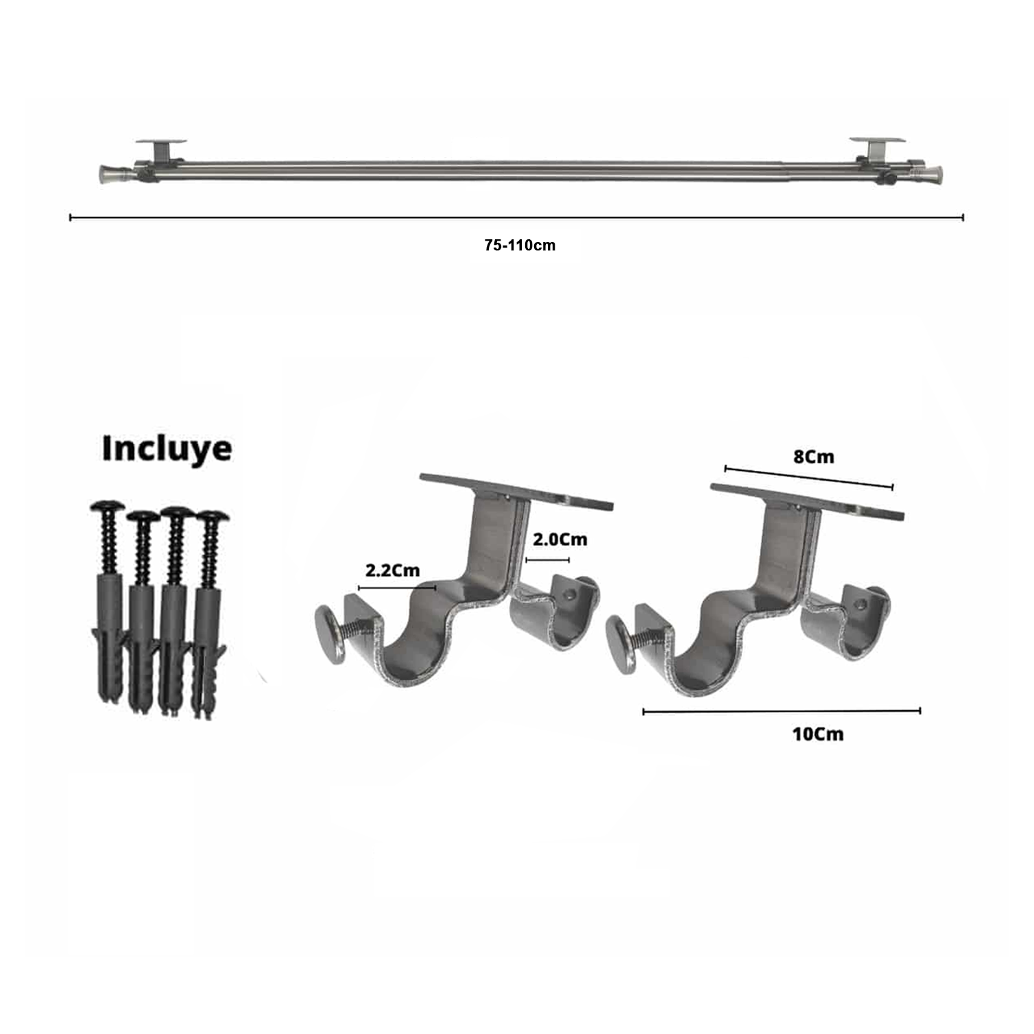 Set Barras para Cortina Doble 16/19 Mm Extensible 75-110 Cm A Techo Satín Cónico-3
