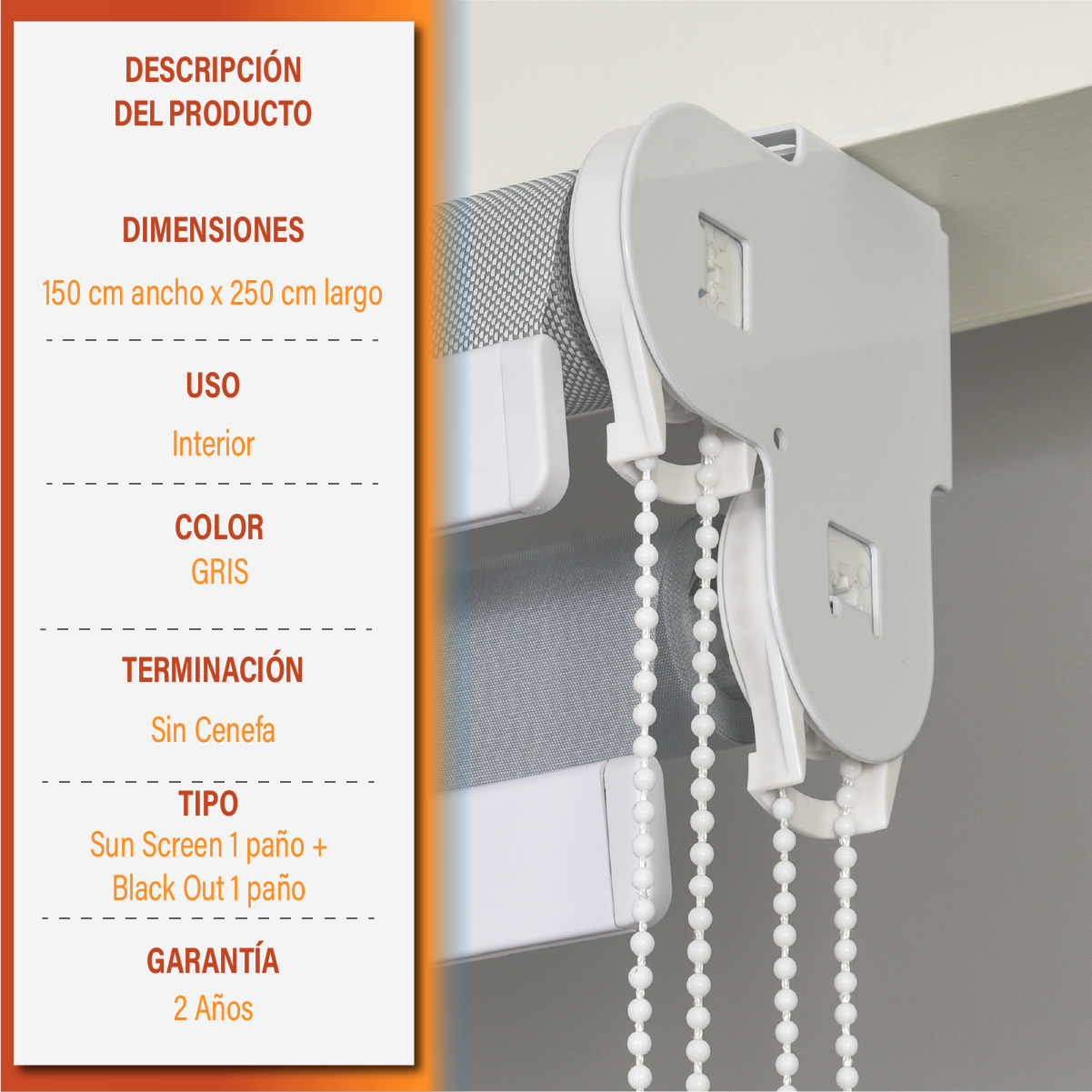 Cortina Roller Doble Blackout y Sunscreen 150 X 250 Cm Color Gris Marca Sunfree-4