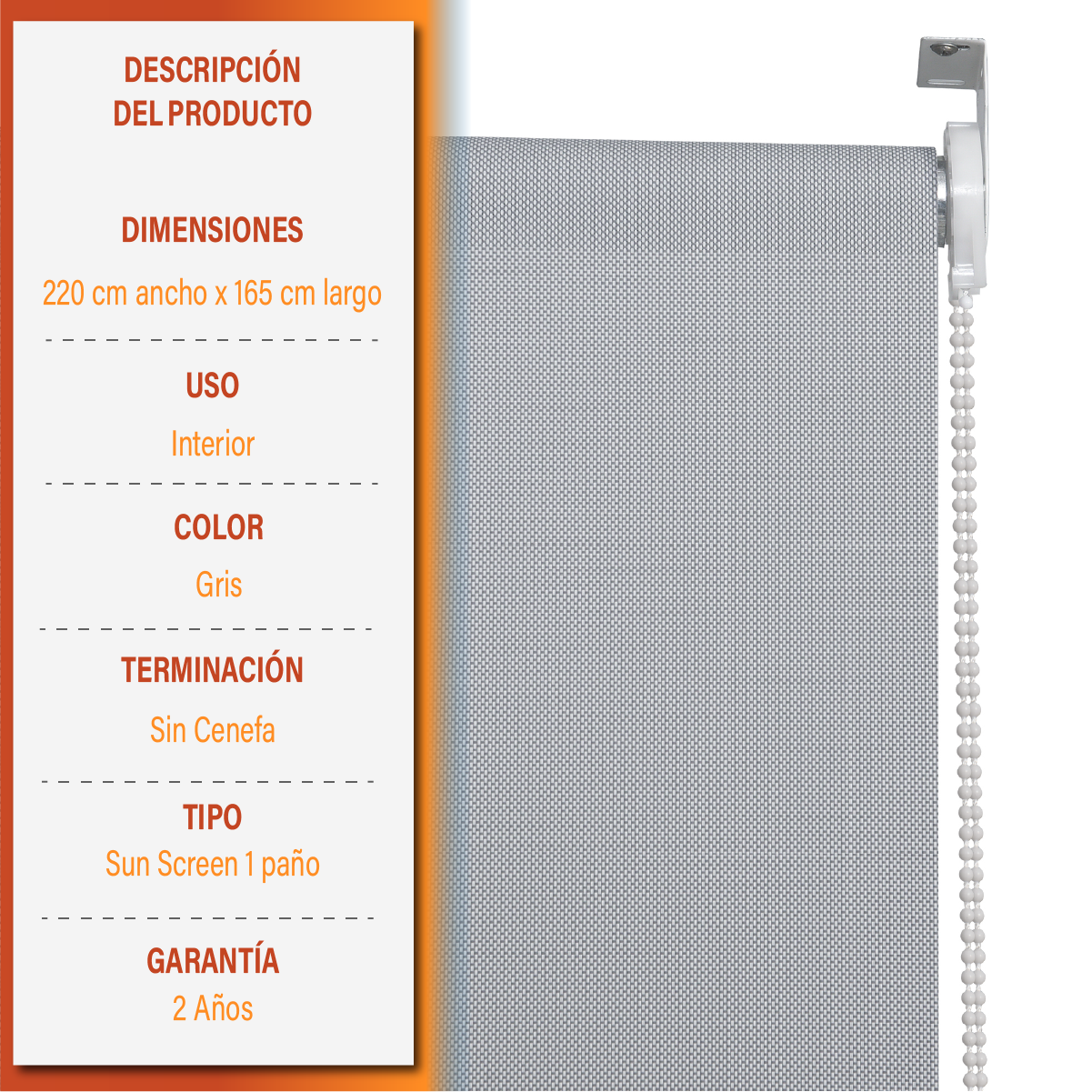 Cortina Roller Sunscreen 220 X 165 Cm Color Gris Marca Sunfree-9