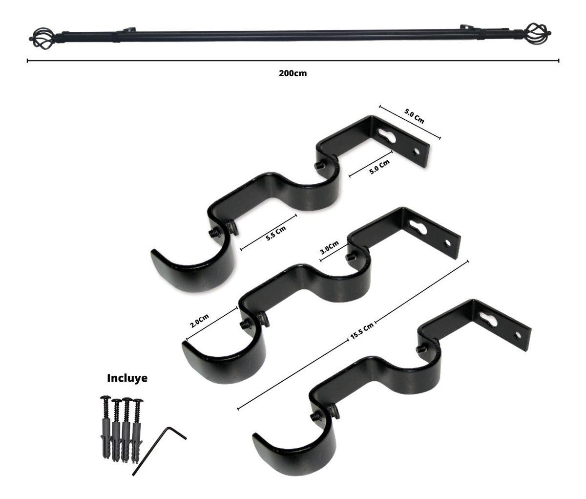 Set Barras para Cortina Doble 19/28 Mm Metal Color Negro x 2.00 Mt Terminal Bola Alambre-5