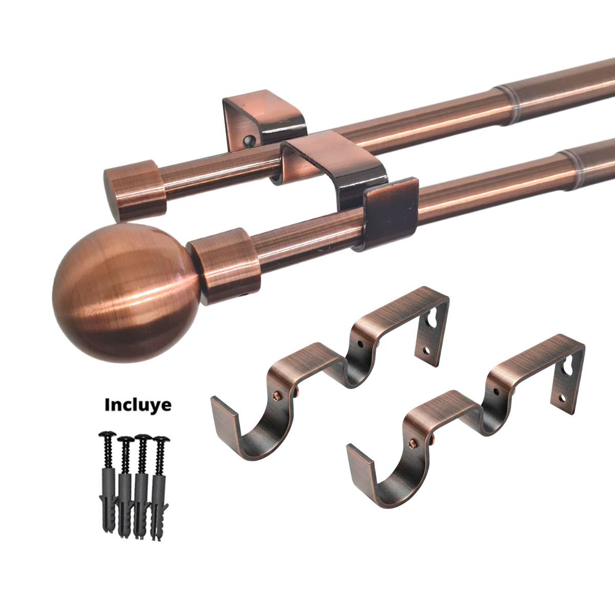 Set Barras para Cortina Doble 16/19 Mm Extensible 170-320 Cm A Muro Cobre Bola-1