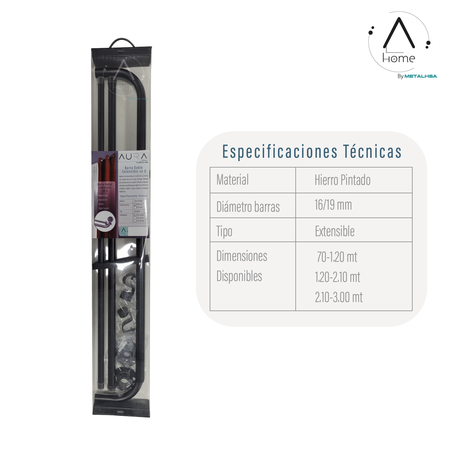 Set Barras para Cortina Doble 16/19 Mm Extensible Curvo 210 a 300 Cm Color Negro-7