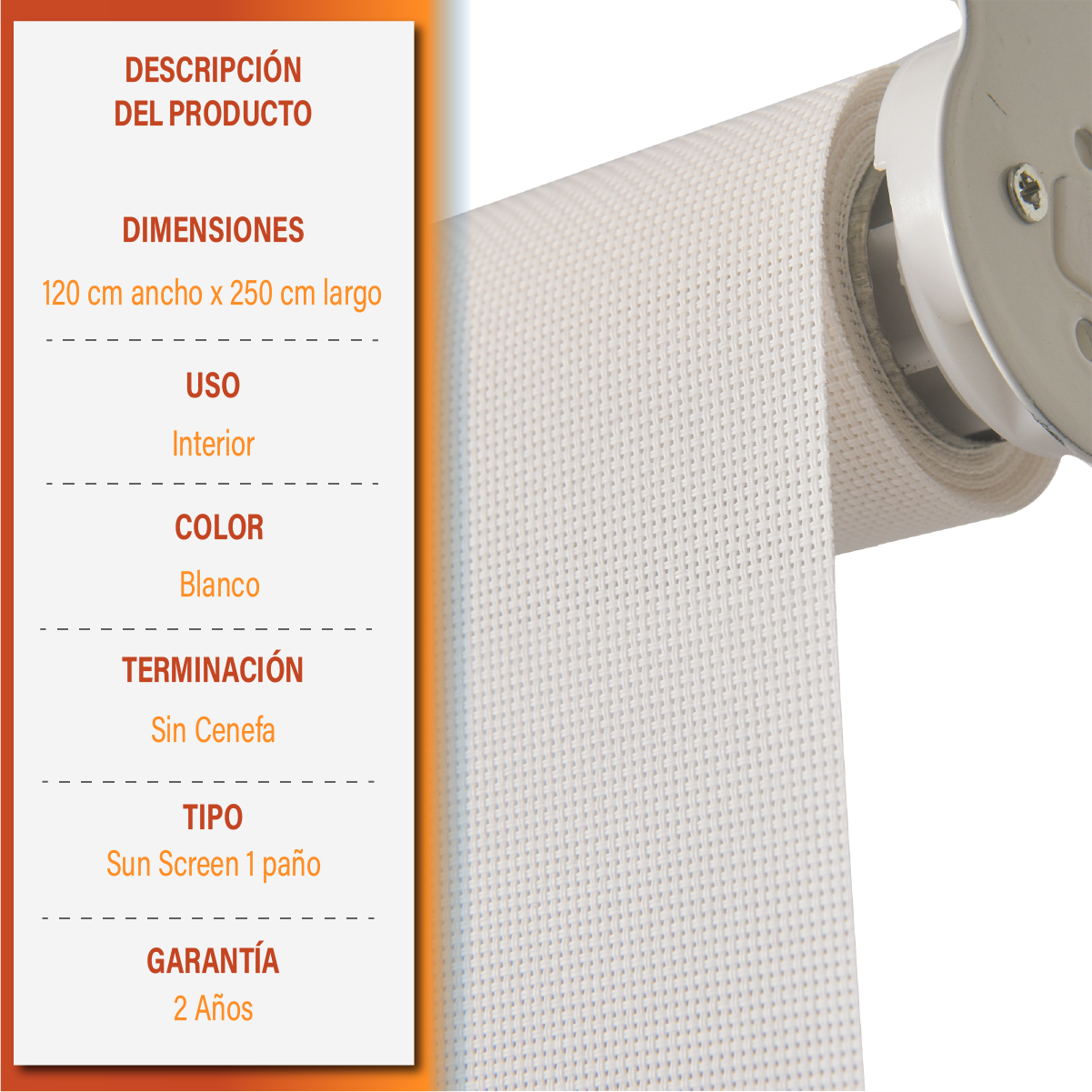 Cortina Roller Sunscreen 120 X 250 Cm Color Blanco Marca Sunfree-6